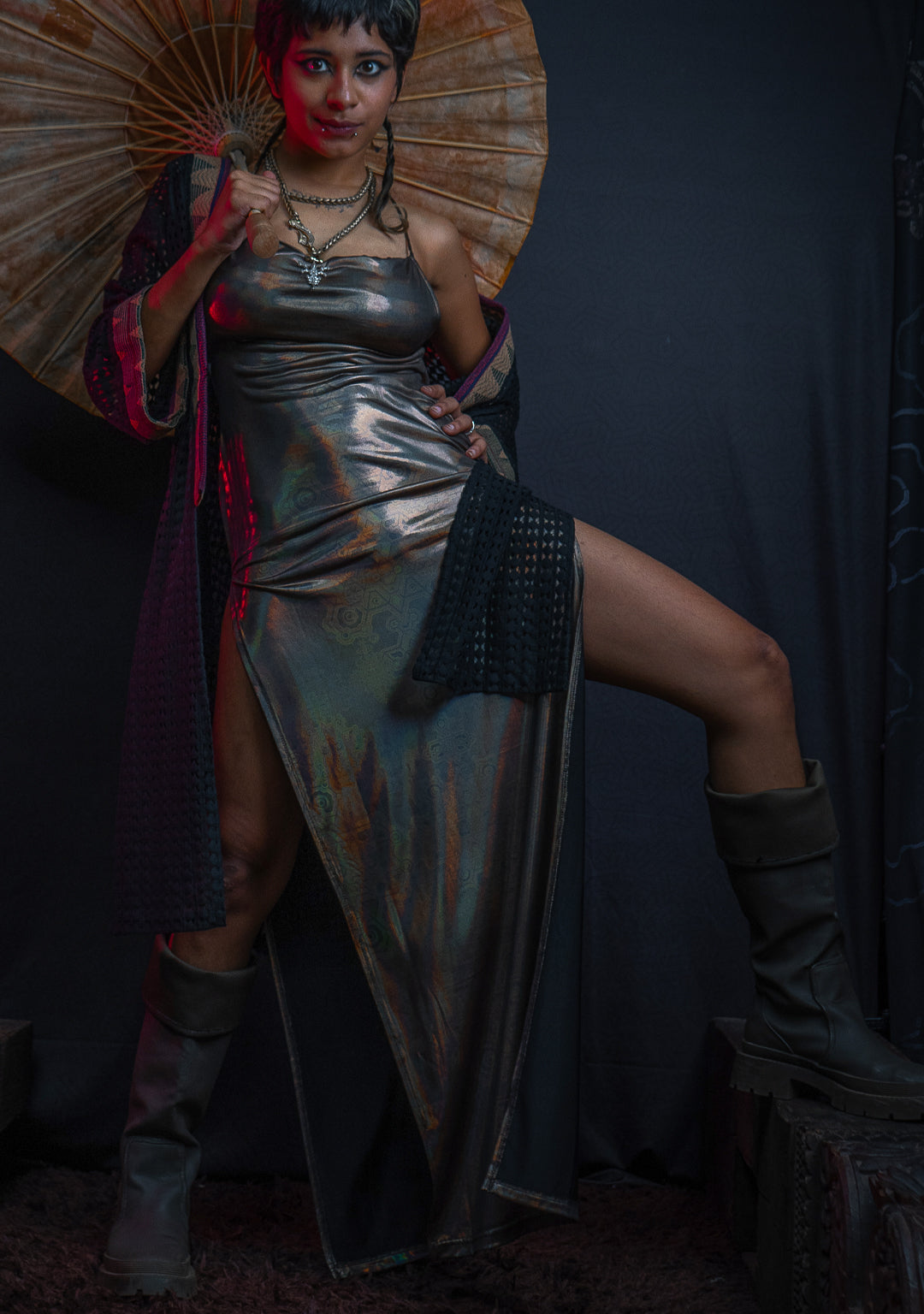 Long Bomb Dress / Holographic Licra - Gold DEMETRIO